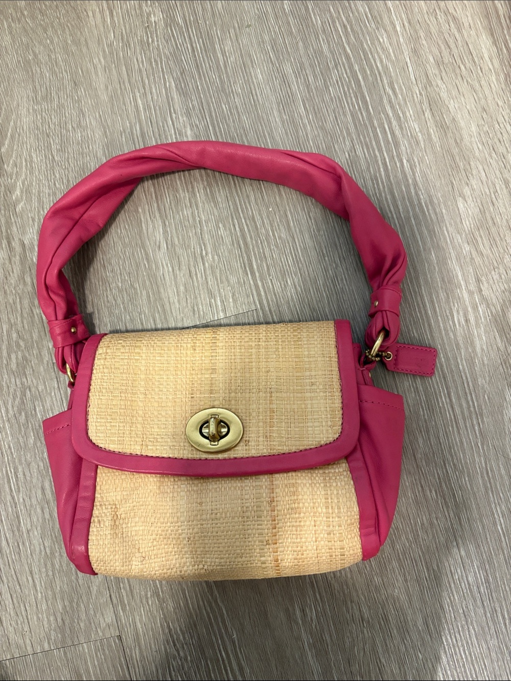 Coach Pink and Natural Straw Shoulder Bag